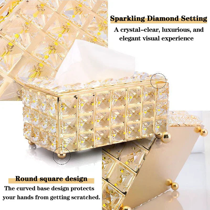 boîte mouchoirs rectangulaire or clair transparent diamants luxueux petits pieds dorés mouchoirs blancs