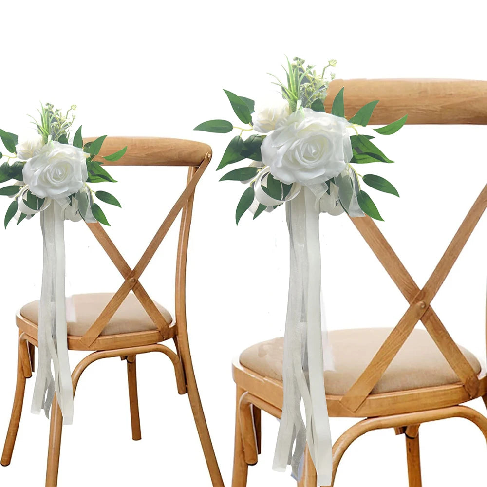 décoration mariage rose artificielle ruban eucalyptus feuilles verte chaise égliseextérieur