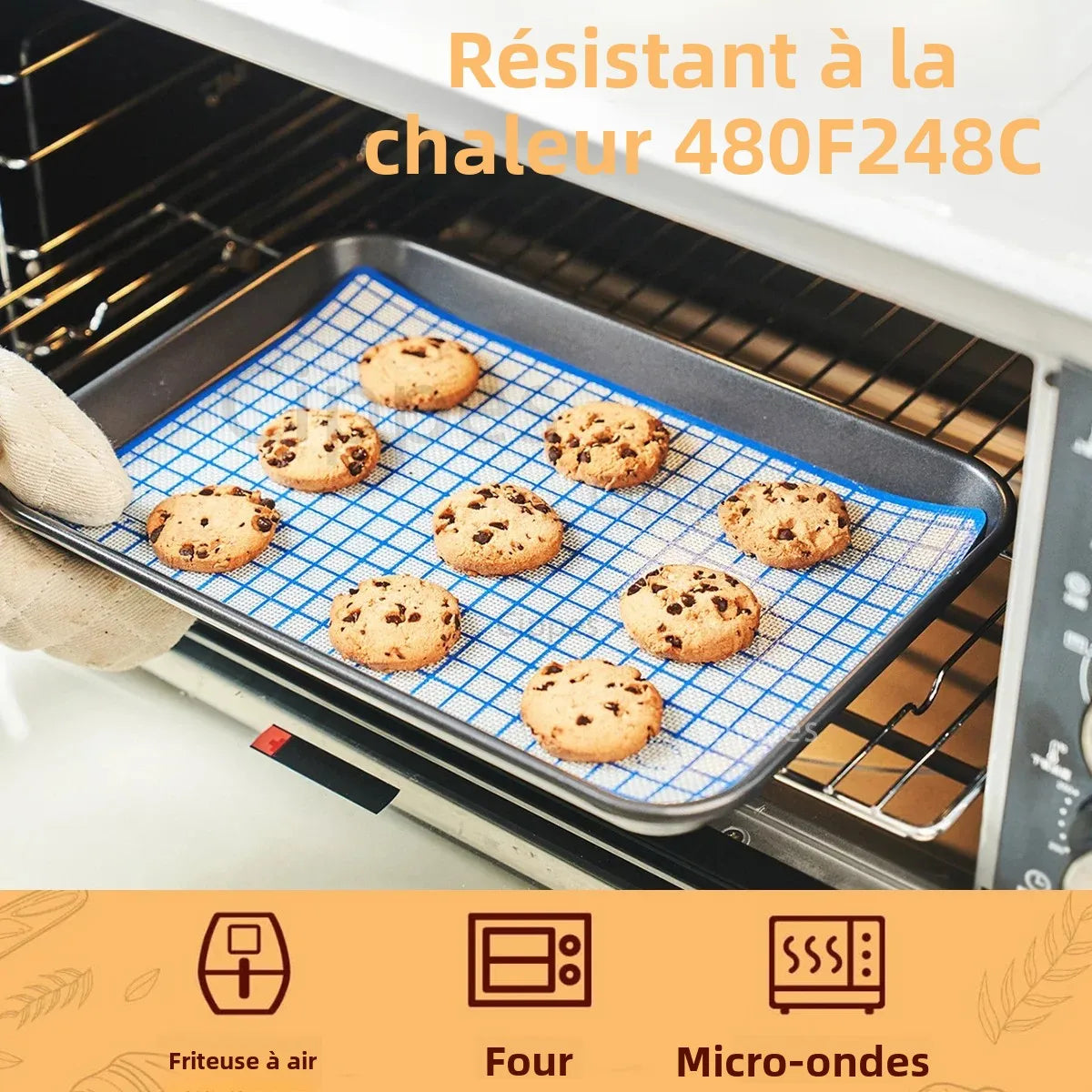 tapis cuisson silicone grille bleu blanc moderne biscuits four pâtisserie antiadhésive réutilisable respectueux environnement