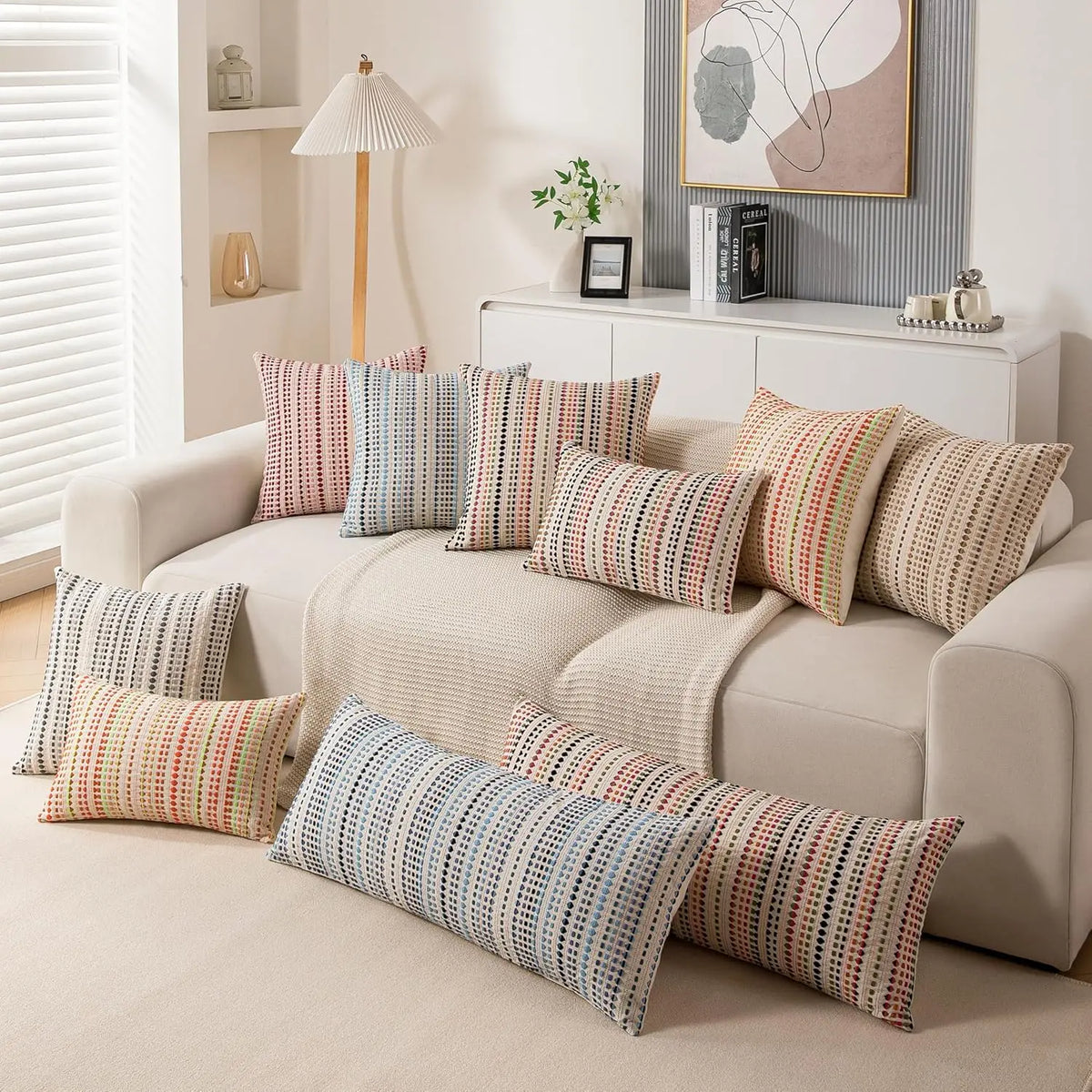 housse coussin décorative coton lin motif géométrique bleu beige noir canapé salon lit moderne