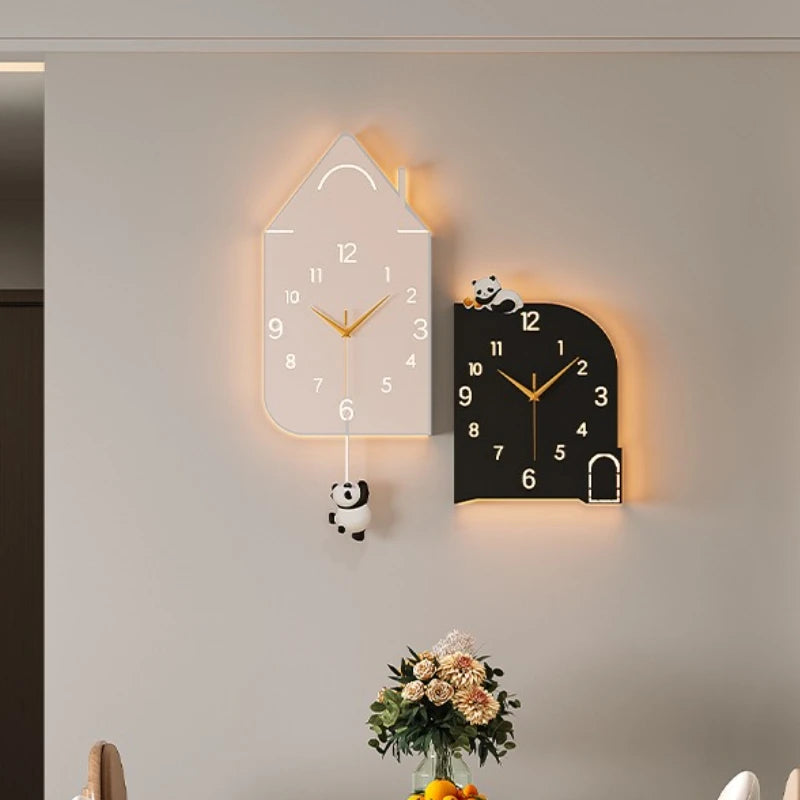 horloge murale moderne pendule panda horloge carrée motif maison gris noirintérieur