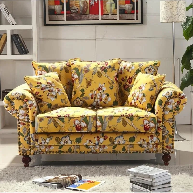 canapé d'angle vintage jaune fleuri adhésif oreillers minimaliste moderne salon maison