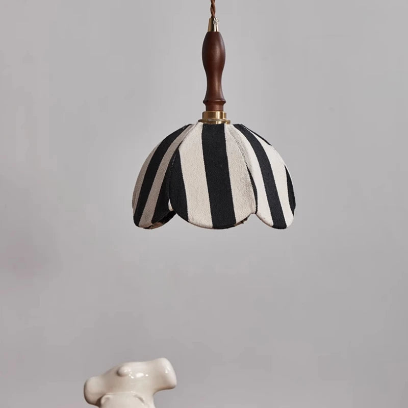 lampe suspendue vintage tissu rayures noire blanche dorée câble ajustable salon chambre