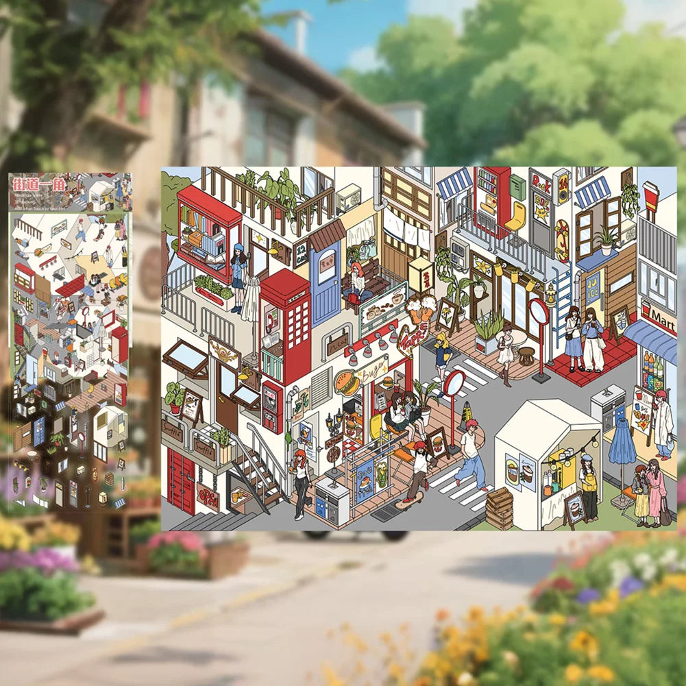 puzzle isométrique ville miniature multicolore personnages bâtiments mobilier urbain végétation panneaux publicitaires