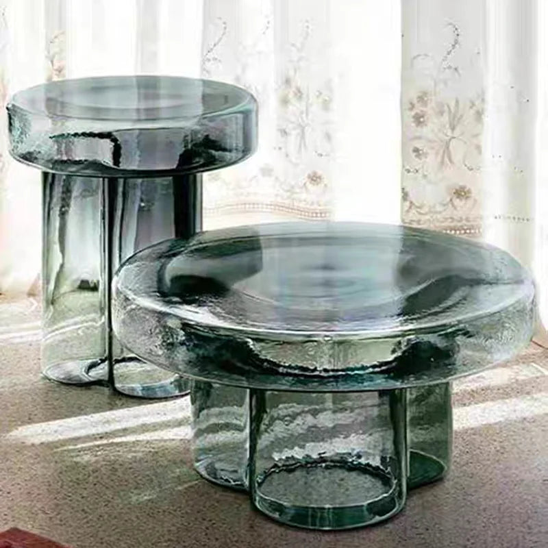 tables basses modernes verre texturé transparent sculptural maison deco orangerousse grisvert