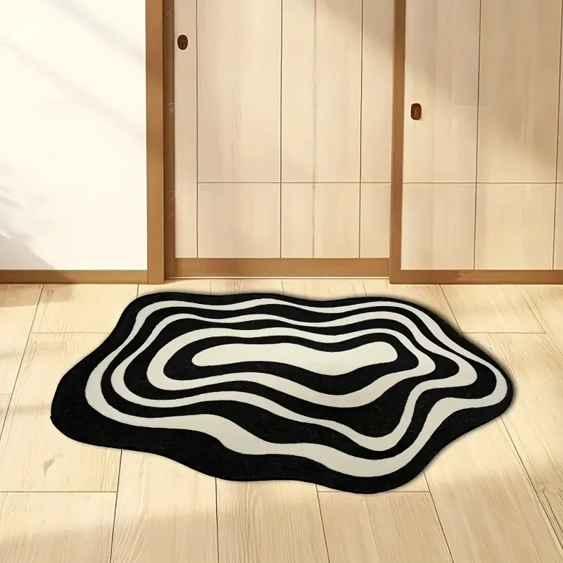 tapis noir blanc moderne rayures ondulées polyester imperméable antidérapant usage multiple intérieur extérieur
