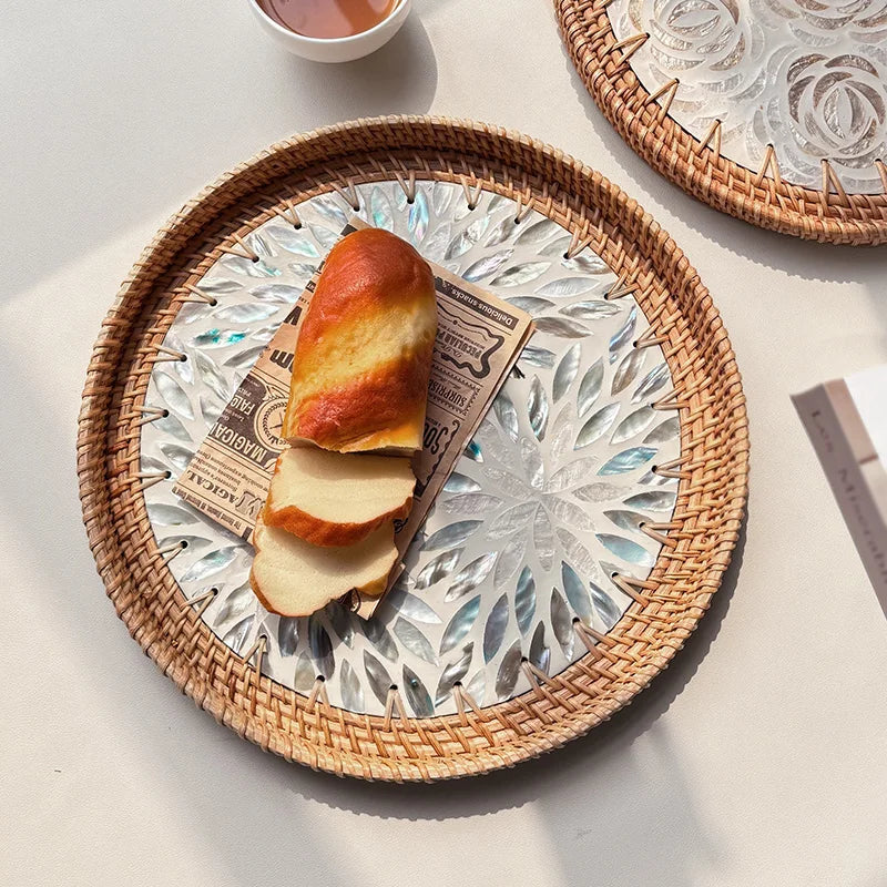 assiettes rotin naturel fleurs motifs floraux mosaïque traditionnel artisanal set deux