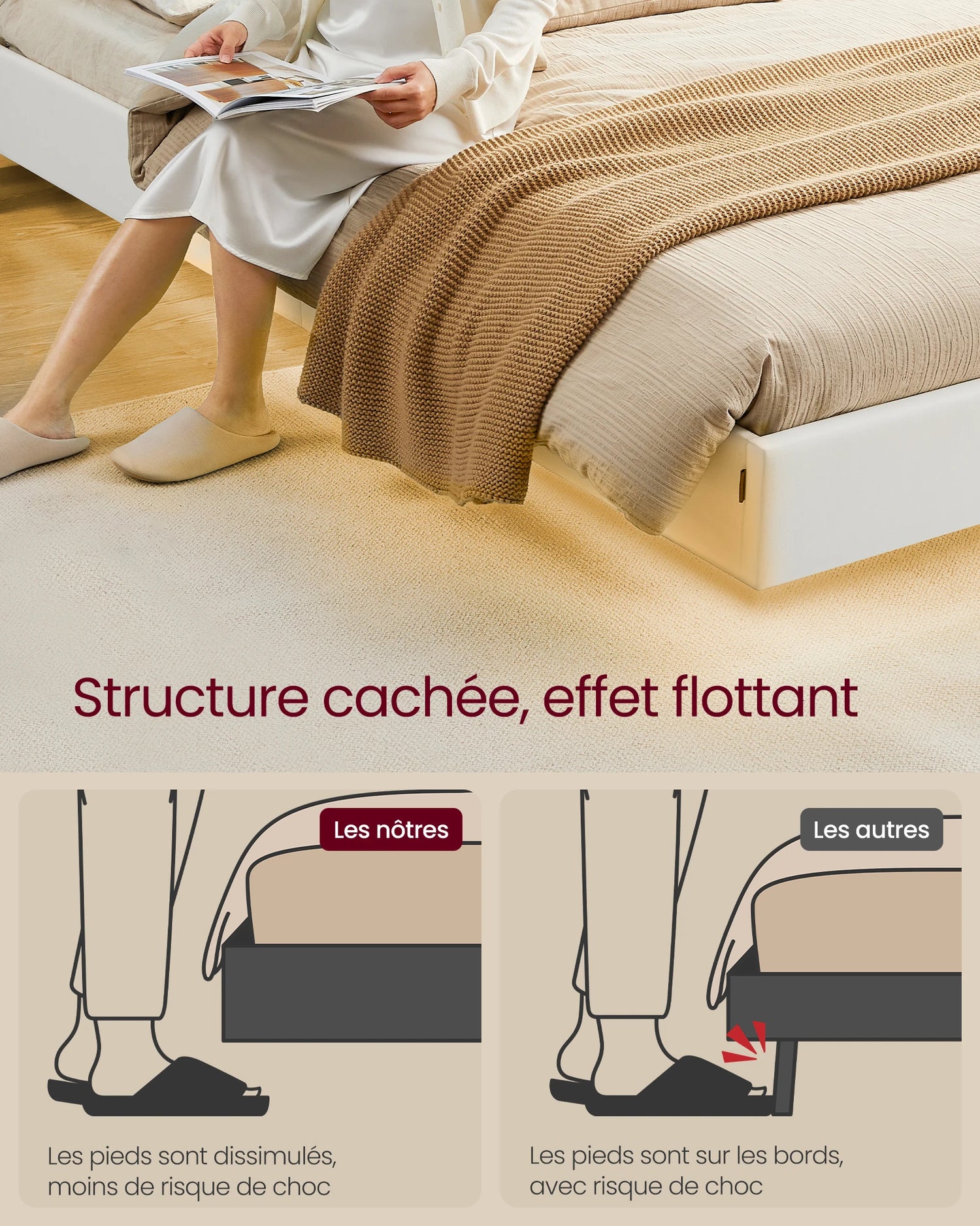 Vue de côté du lit flottant montrant son design aérien