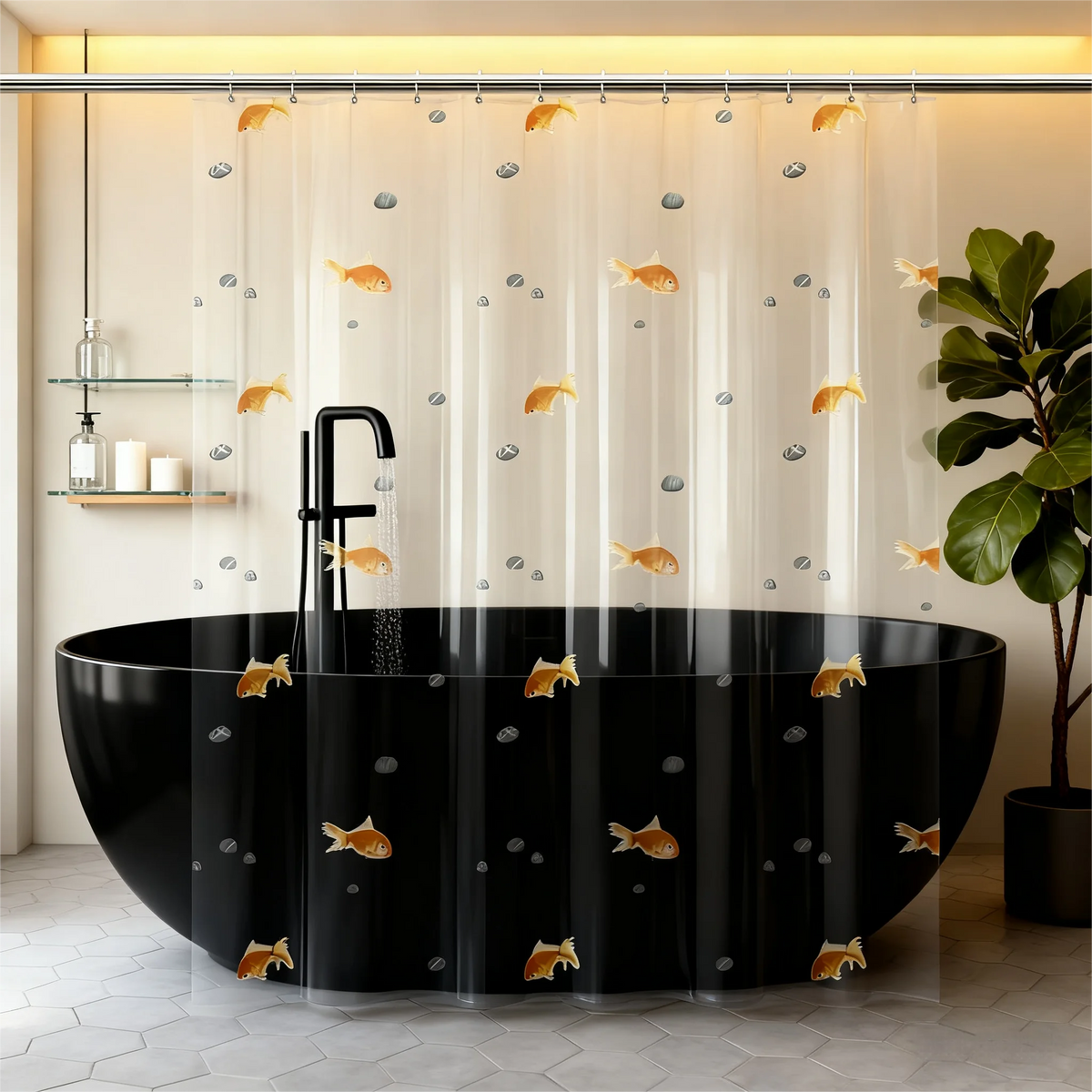 rideau douche transparent poissons dorés coquillages moderne bleu orange blanc gris 12 piques plastique