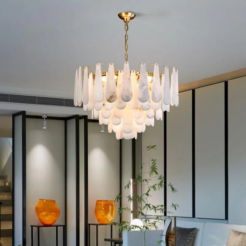lustre moderne cuivre blanc marbre feuilles semi transparent salon chambre