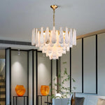 lustre moderne cuivre blanc marbre feuilles semi transparent salon chambre