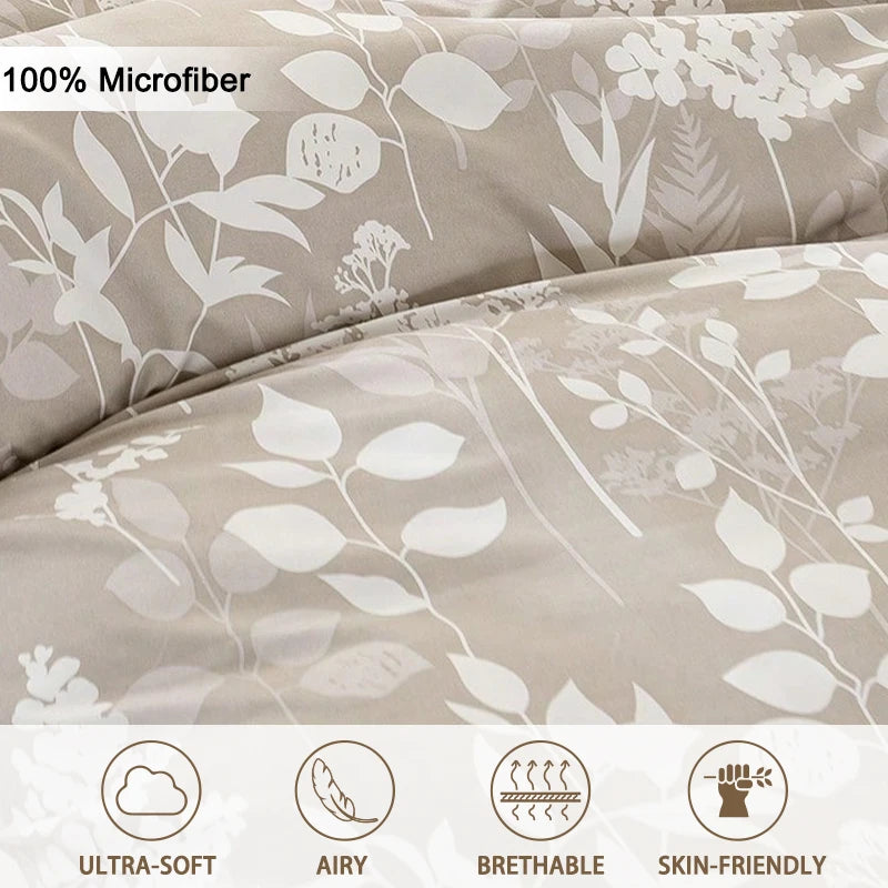 ensemble literie moderne housse couette fleurs feuilles motif floral beige clair blanc doux polyester