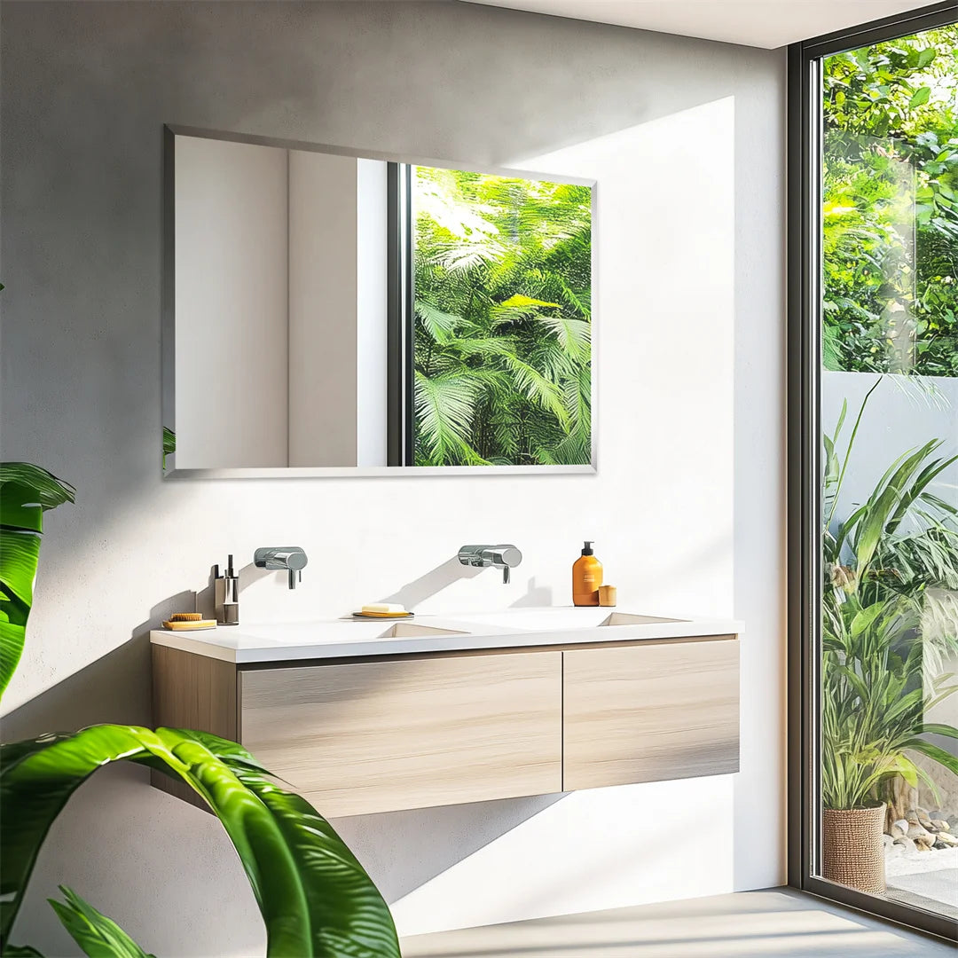 Une salle de bain moderne avec un meuble double lavabo blanc et un miroir encadré, reflétant les feuilles vertes luxuriantes de la végétation à l'extérieur.