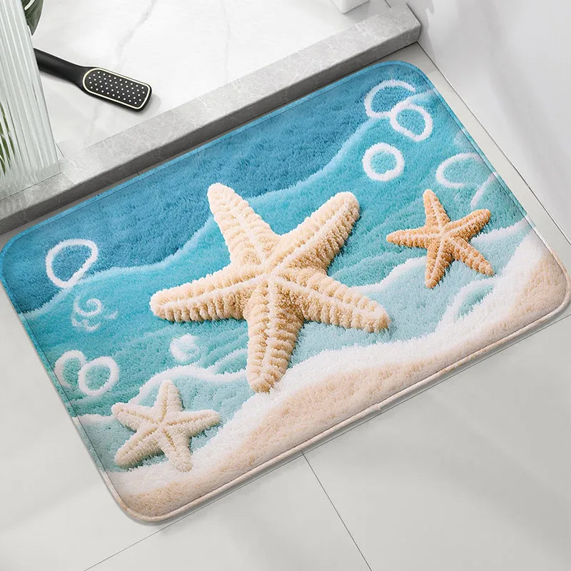 tapis bain absorbant eau motif étoiles mer bleu clair vert foncé coquillages moderne