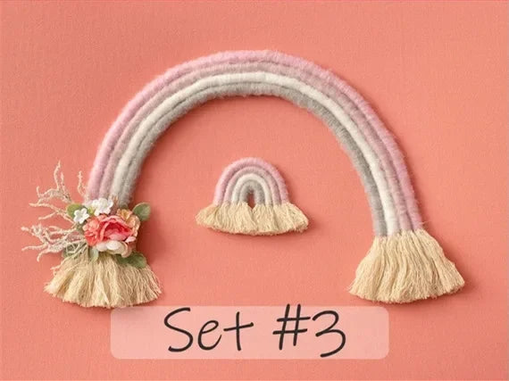 décoration arc ciel tissé franges bohème artisanal nouveau né photo chambre bébé rose blanc