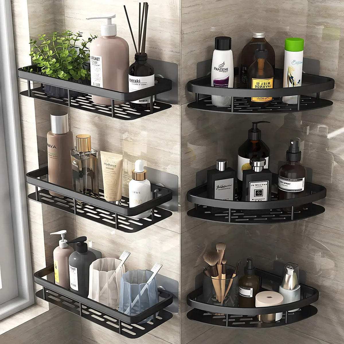 étagères salle bain noir modernes grille perforations murales accessoires toilette suspendues