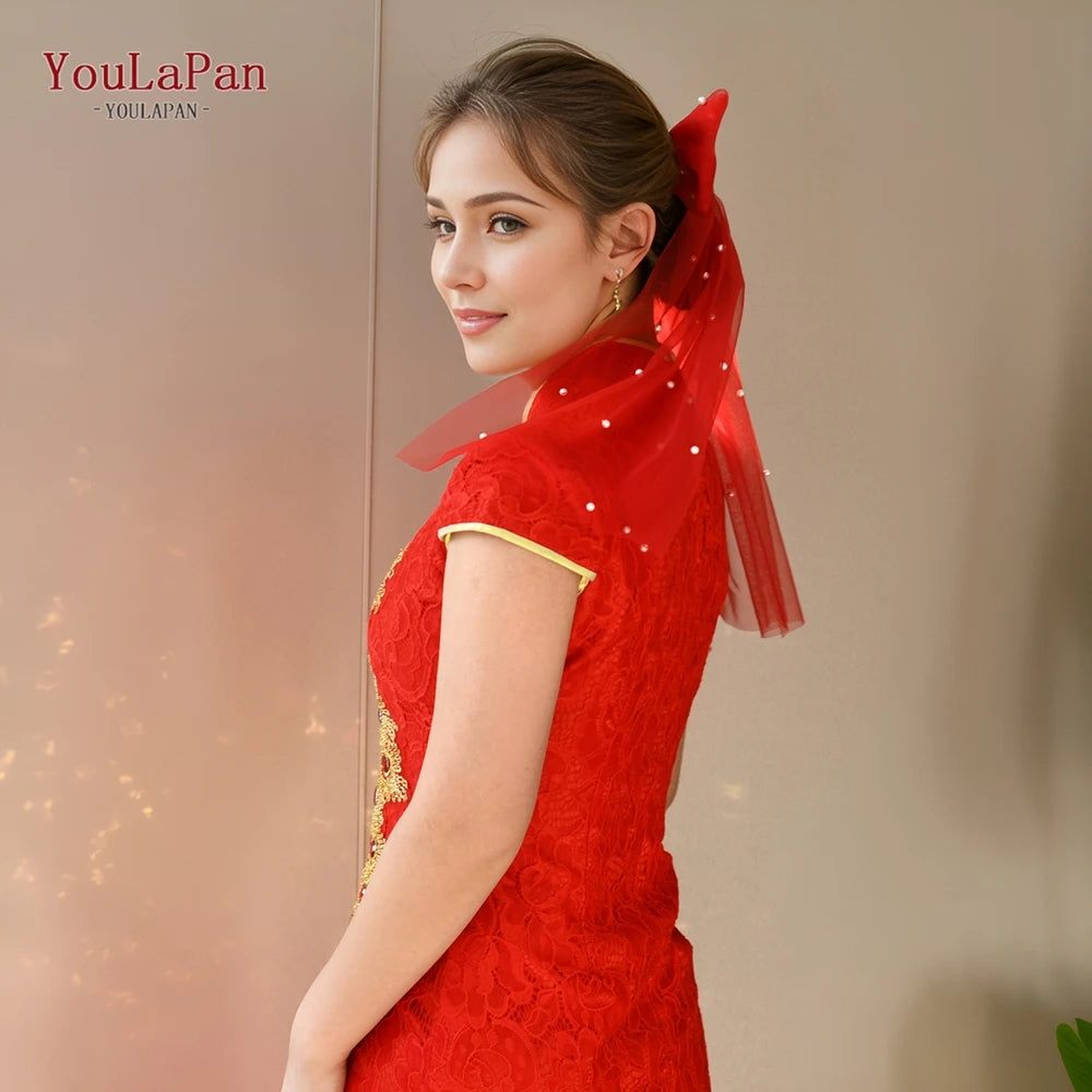 voile mariée rouge tulle traditionnelle asian bride cheongsam semi transparent accessoire cheveux