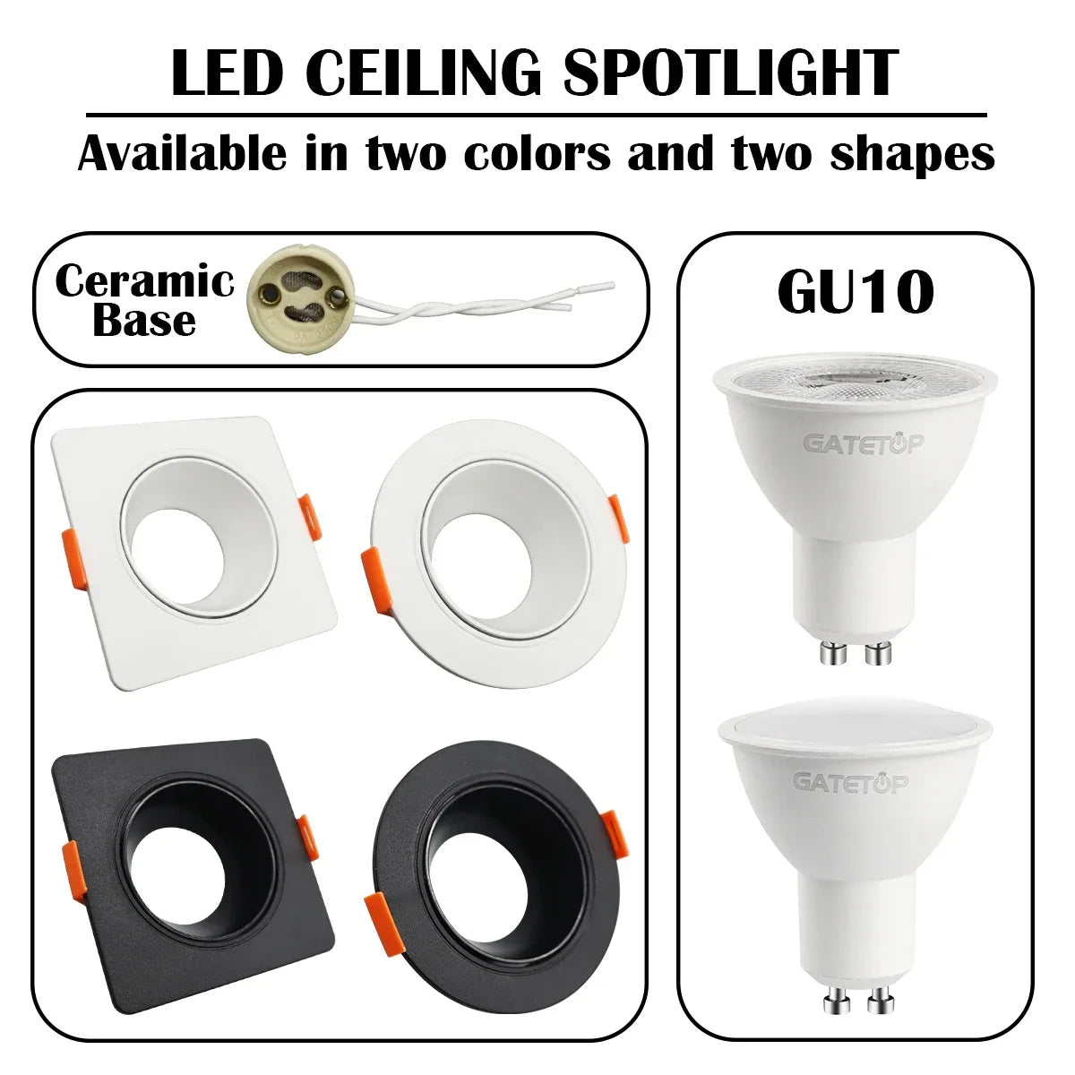 spot led gu10 blanc noir moderne rotatif support céramique plaque fixation