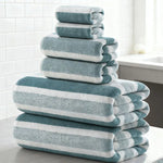 serviettes bain douces polyester rayures horizontales bleu clair blanc gris moderne ensemble pièces