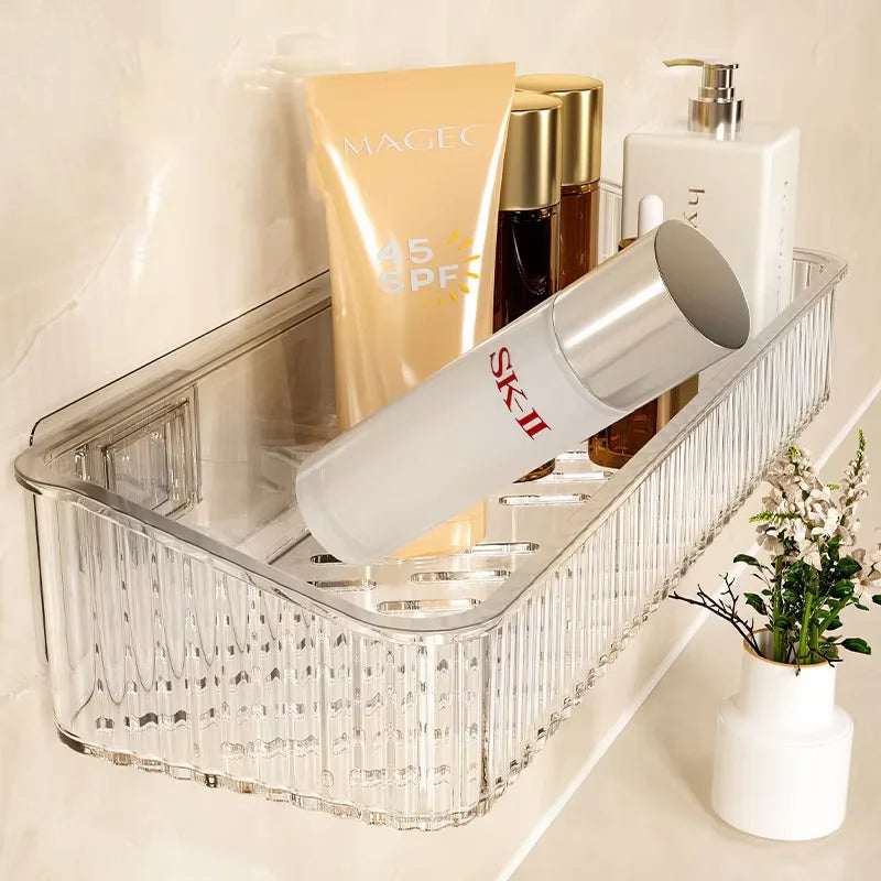 étagère rangement salle bain adhésive transparente rayures moderne cosmétiques blanc gris