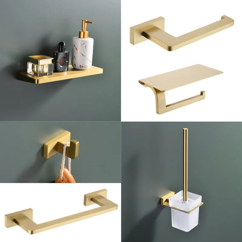 accessoires salle bain or marbre moderne vis fixations étagère rangement porte serviettes papier toilette