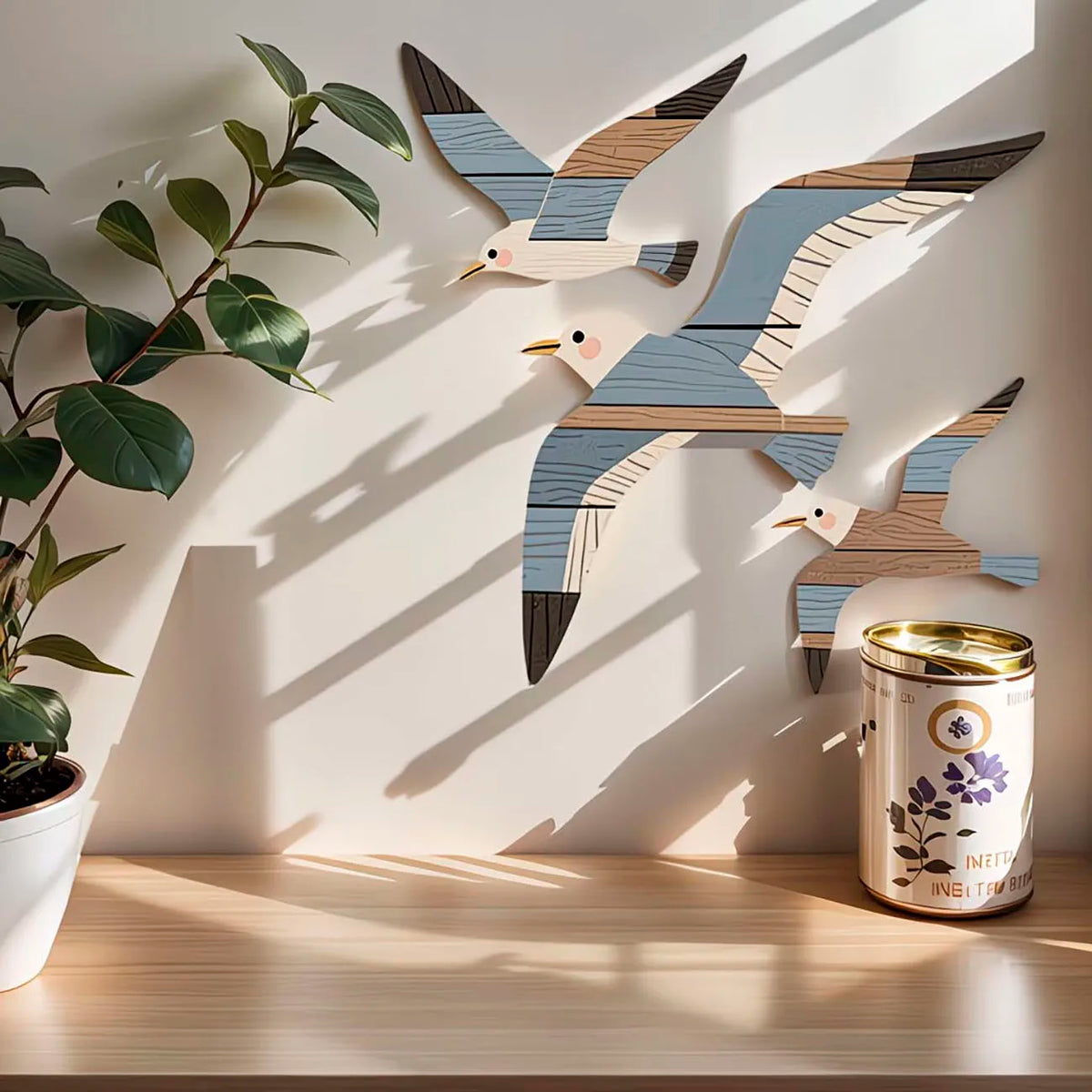 décorations murales oiseaux vol bleu gris moderne adhésif bois rayures abstrait plages océans