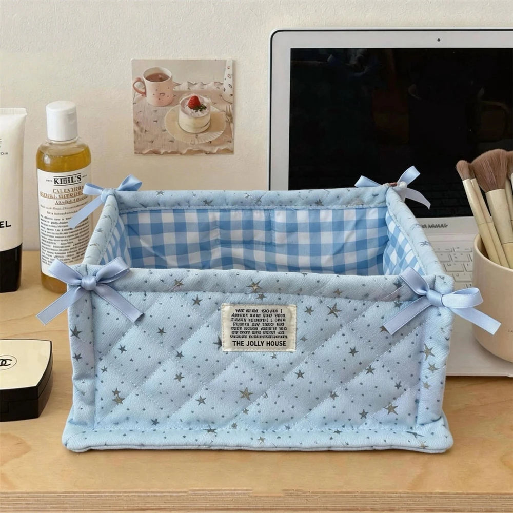 panier rangement tissu polyestère bleu clair rayures horizontales pliable utilisation multiple moderne décoratif rubans