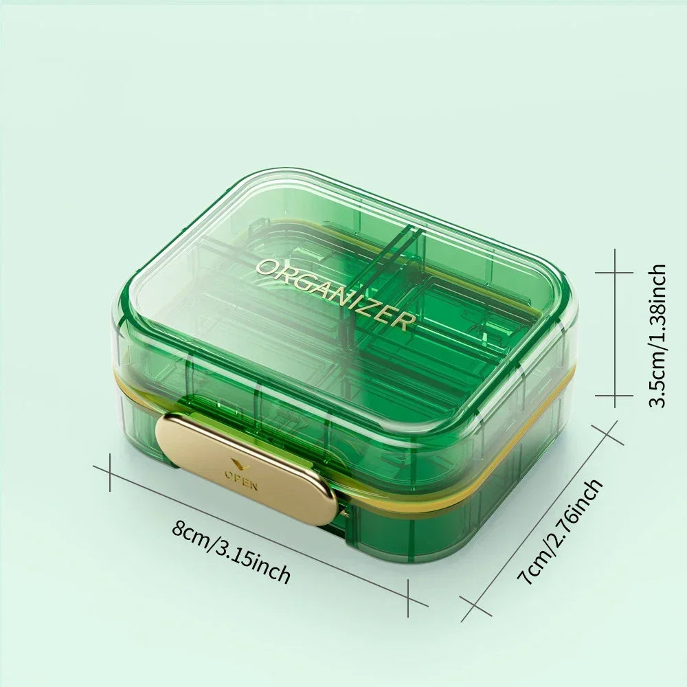 boîte rangement médicaments réutilisable transparente moderne vert bleu violet poignée dorée compartments