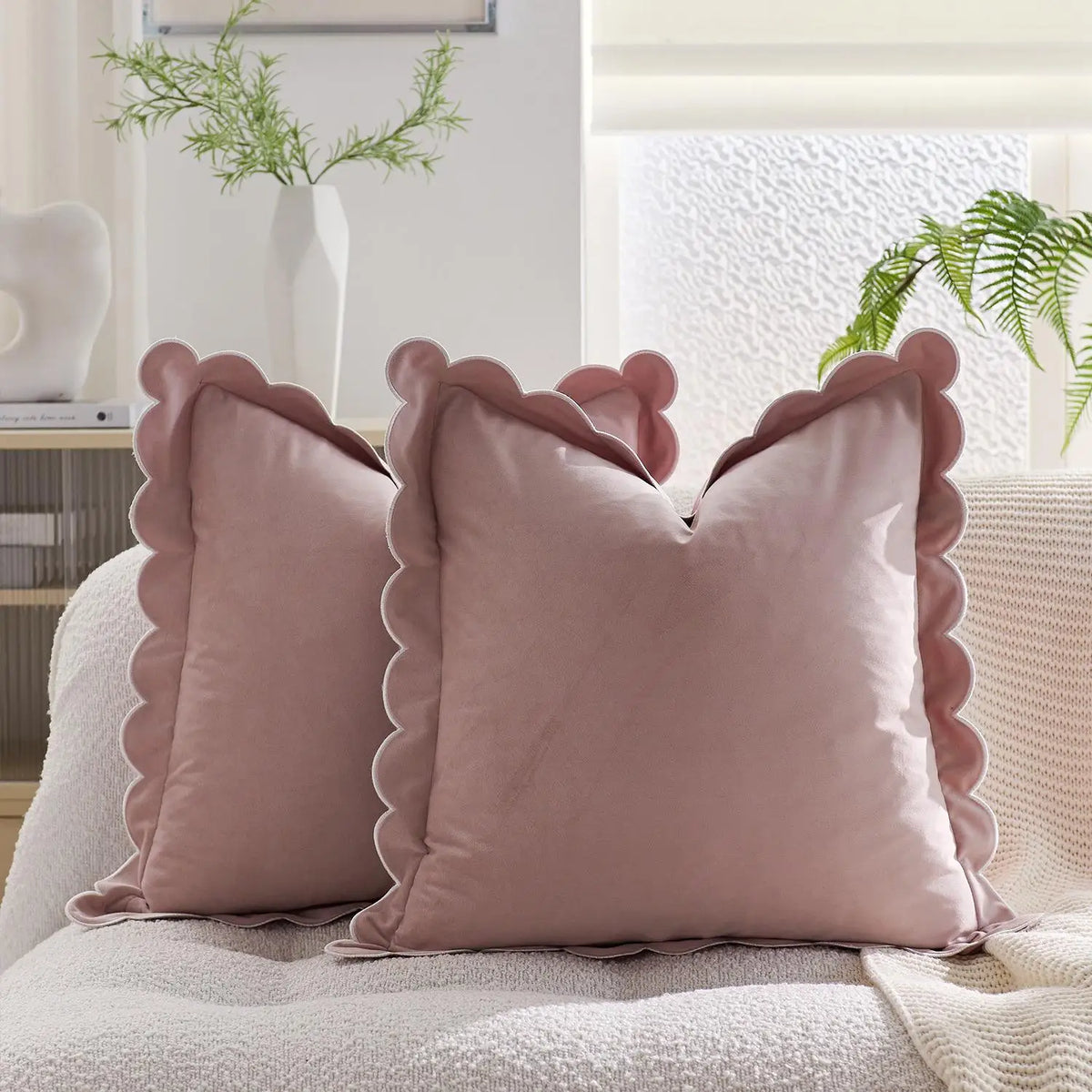 housse coussin moderne motif bordure dentelée orange marron gris rose beige blanc polyester coton