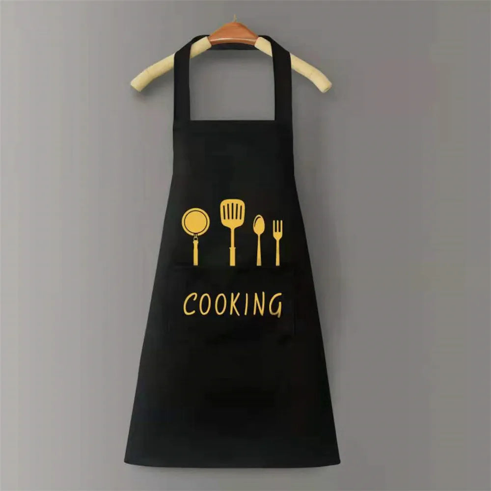 tablier cuisine imperméable noir vert foncé marron illustrations ustensiles cooking poche avant anneaux métalliques