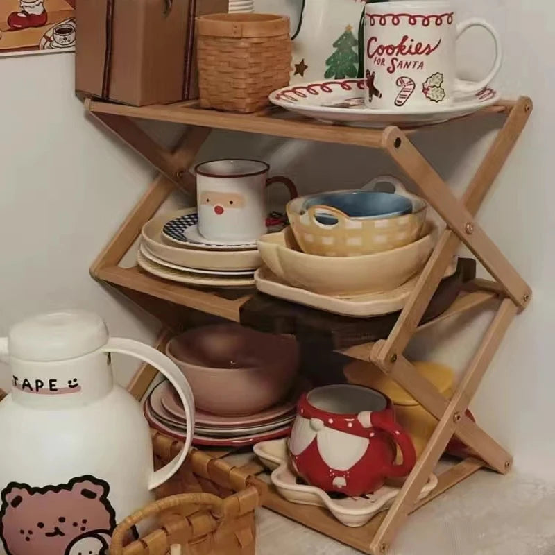 étagère pliable bois moderne assiettes tasses bol pot miel bouteille eau plantes minimaliste