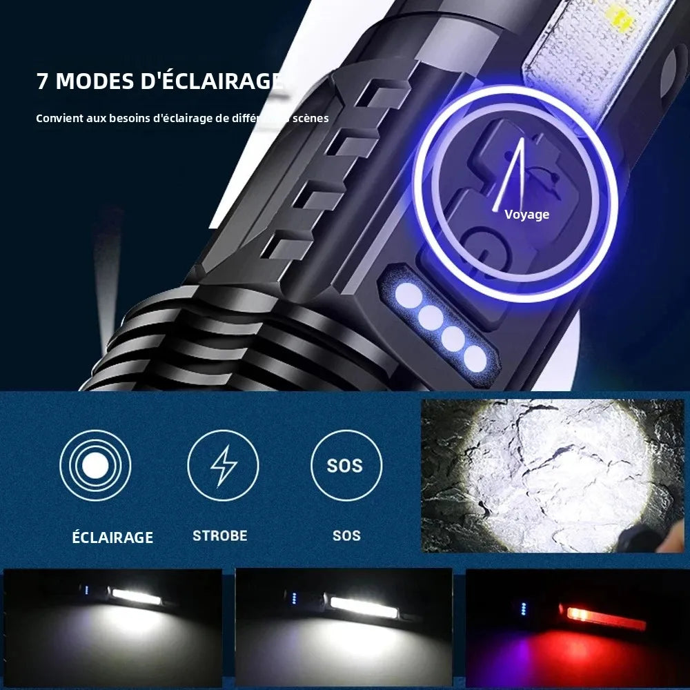 lampe poche rechargeable led tactique noire texturée moderne câble usb charge 20w modes variateurs