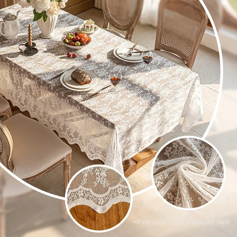 nappe rectangulaire dentelle fine motif floral beige noir élégante table mariage fête
