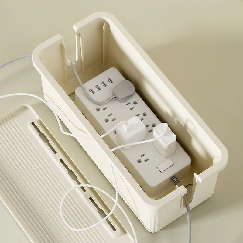 boîte rangement câbles prise électrique moderne réutilisable adhésif beige rayures verticales chargeur smartphone