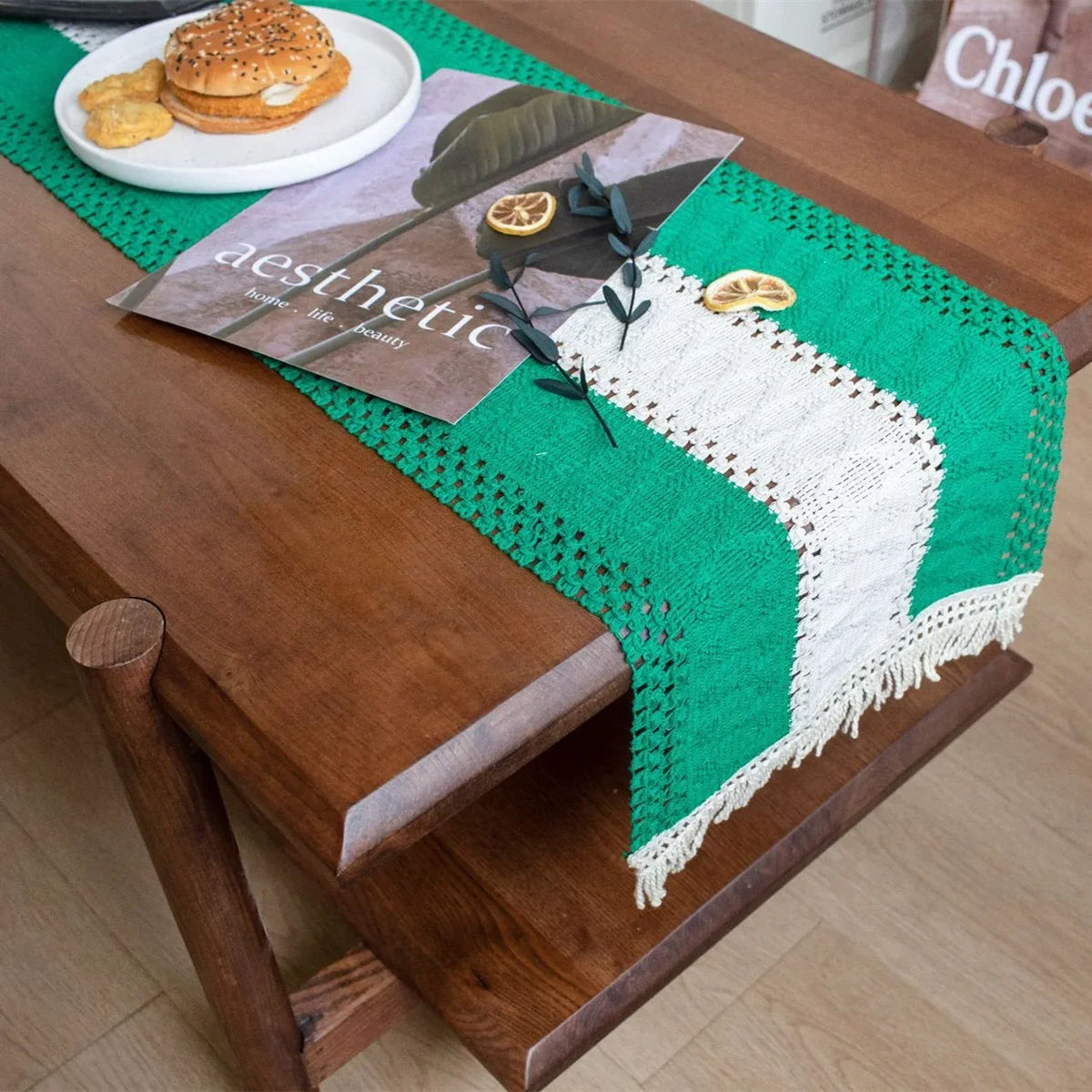 serviettes table vertes crochetées motifs géométriques coton polyester maison