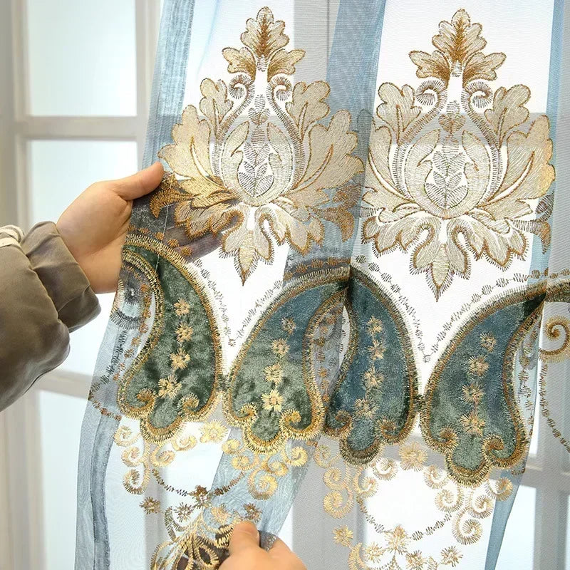 rideau brodé floral bleu clair élégant résistant l’eau fenêtre française transparent tulle