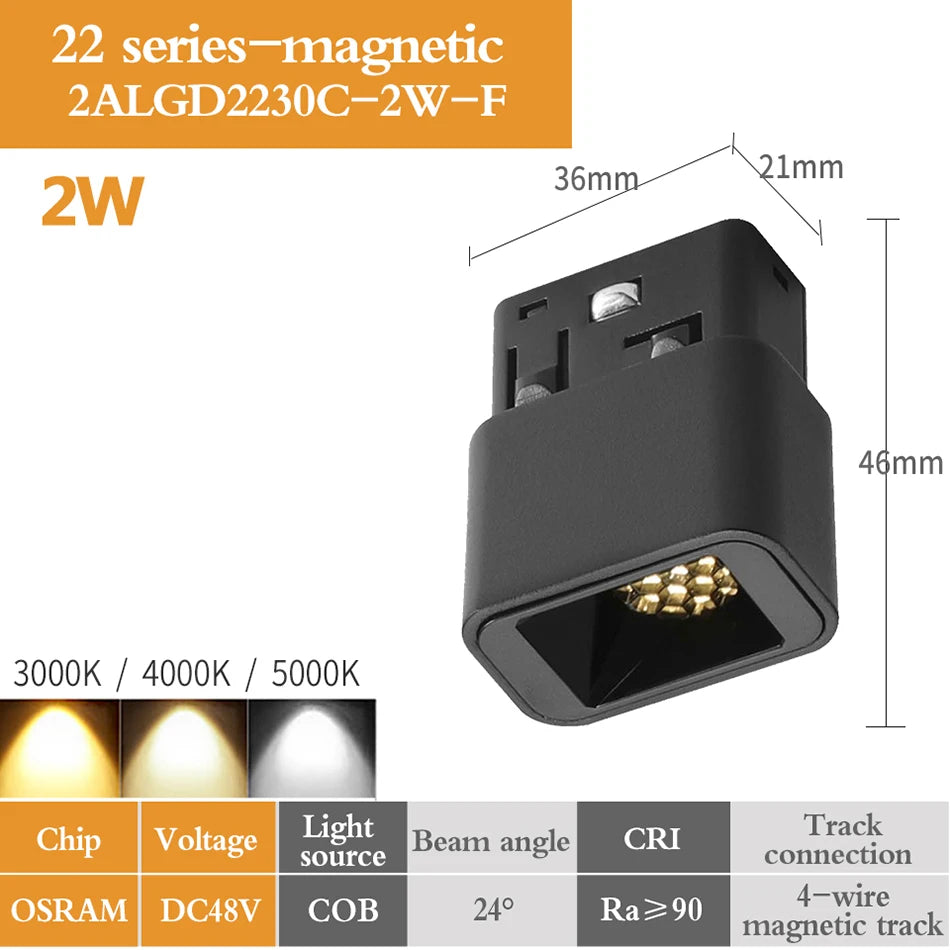 projecteur led moderne 48v 2w noir mat 3000k 4000k 5000k warm neutral cold white