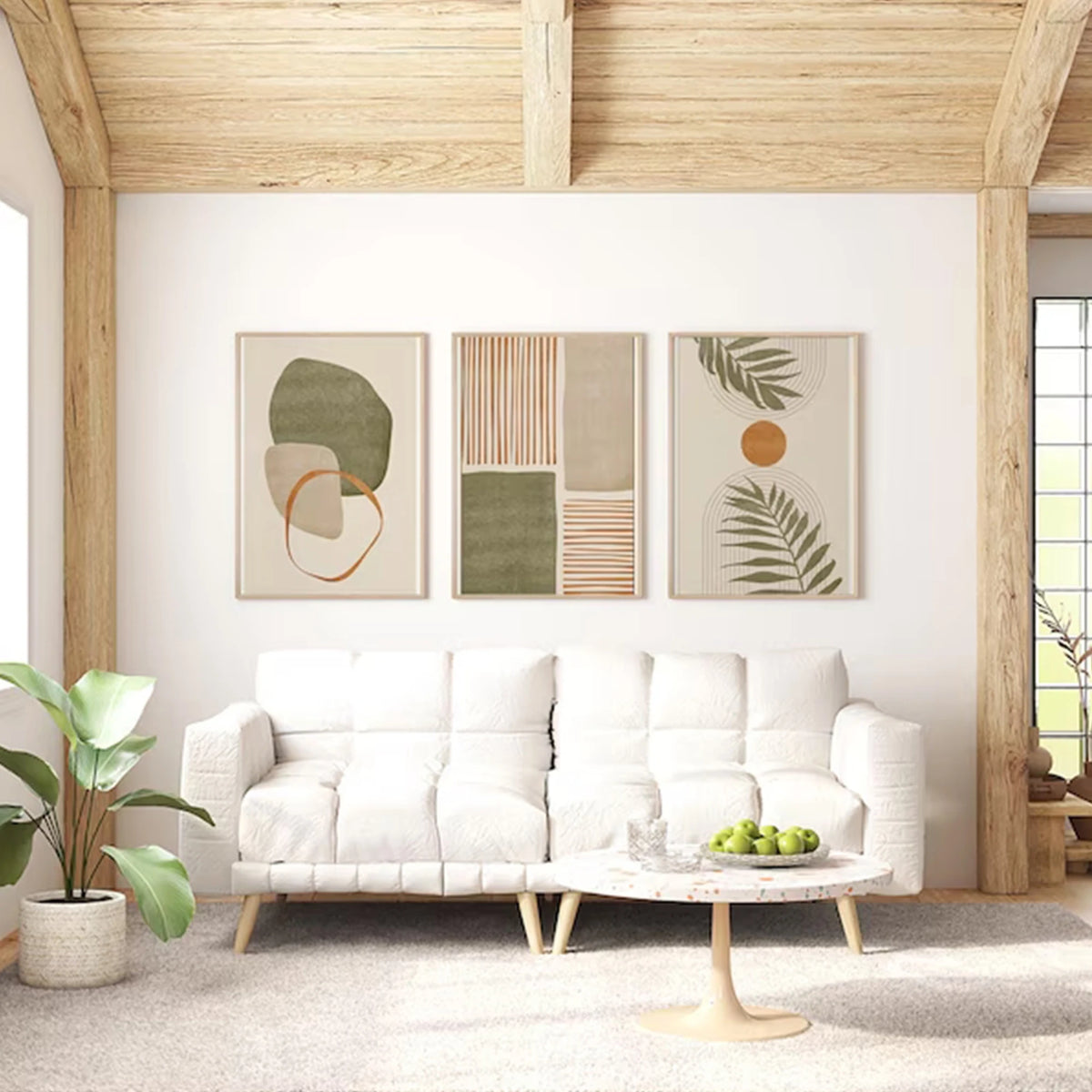 decoration murale abstraite feuilles palmier contemporaine vert beige blanc pièces affiches minimaliste