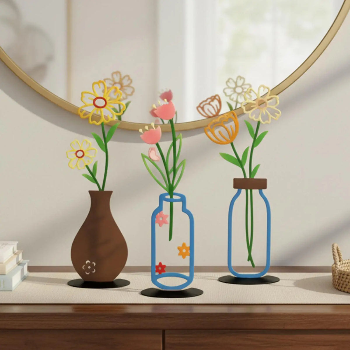 vases decoratifs fleurs motif floral moderne decoration murale tulipes marguerites noir marron bleu Jaune
