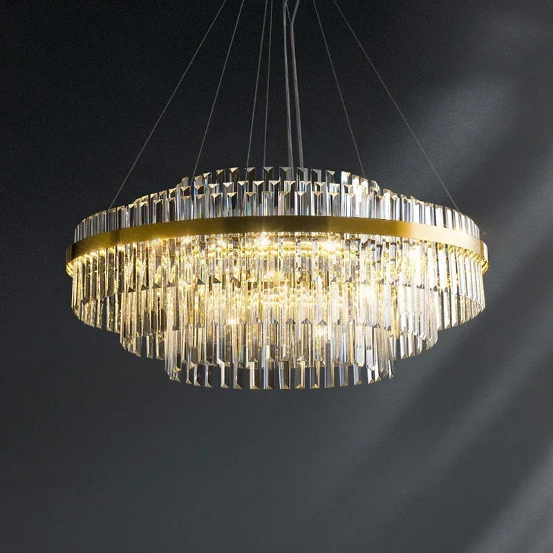 lustre moderne doré transparent géométrique luxueux câbles suspendus salon villa