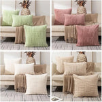 coussins décoratifs modernes texture duveteuse motifs rectangles couleurs vert menthe beige rose blanc gris