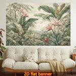 tapisserie murale bannière 2d jardin tropical feuilles bananier fleurs vintage naturelle