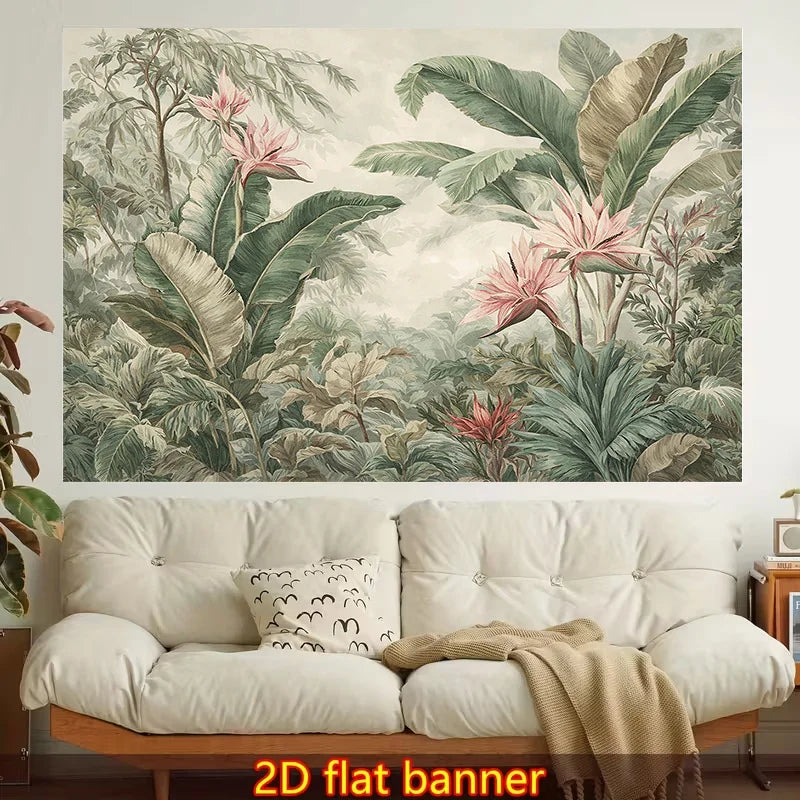 tapisserie murale bannière 2d jardin tropical feuilles bananier fleurs vintage naturelle