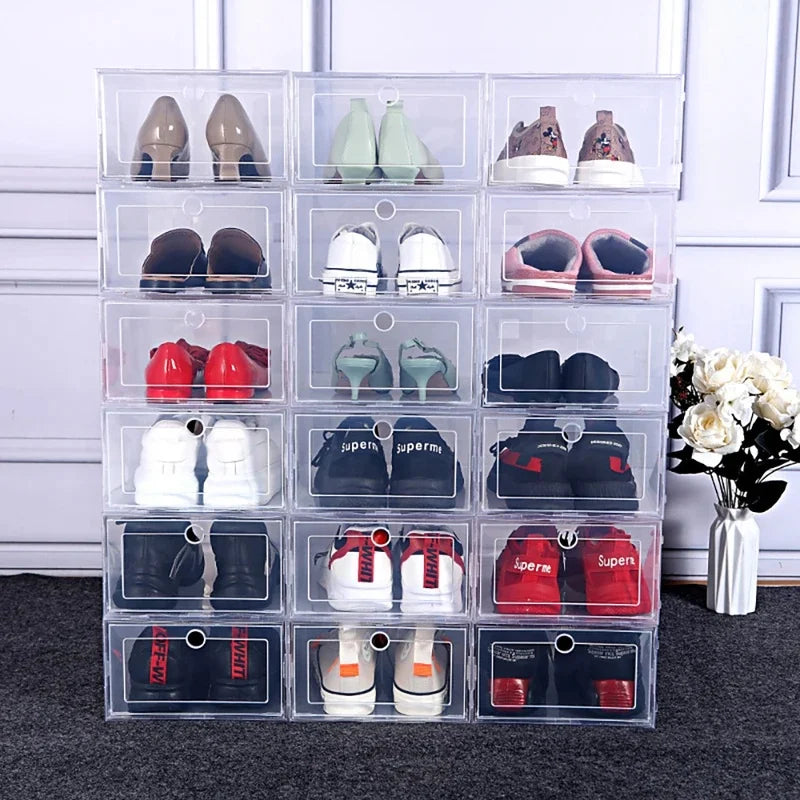 boîtes chaussures transparentes modernes pliables empilables anti poussière poignées incluses stockage ecofriendly