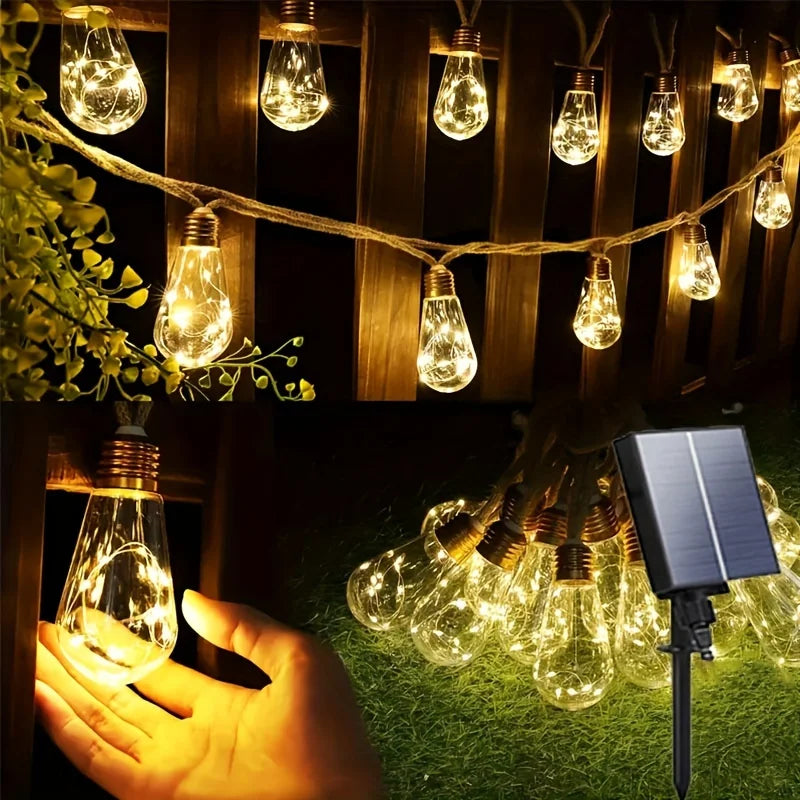 guirlande lumineuse solaire 16 ampoules led clips transparentes vintage 7mextérieur