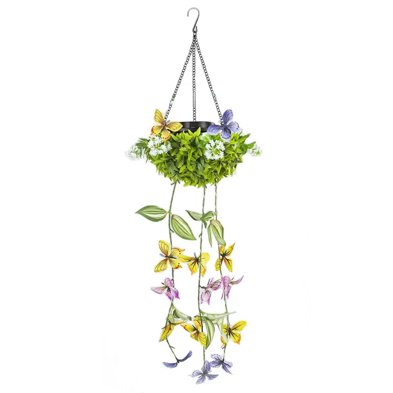 lampe suspendue solaire fleurs papillons deco exterieure moderne verte blanche jaune