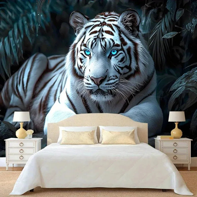 tapisserie murale tigre blanc imprimé décoration salon chambre entrée scandinave polyester dirt repellent lint