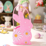 sac main forme lapin fleurs blanches taches noires couleurs vert rose bleu jaune pâques