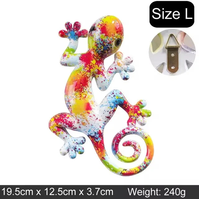 Sculpture résine lézard multicolore motifs abstraits art contemporain décoration murale crochets inclusion