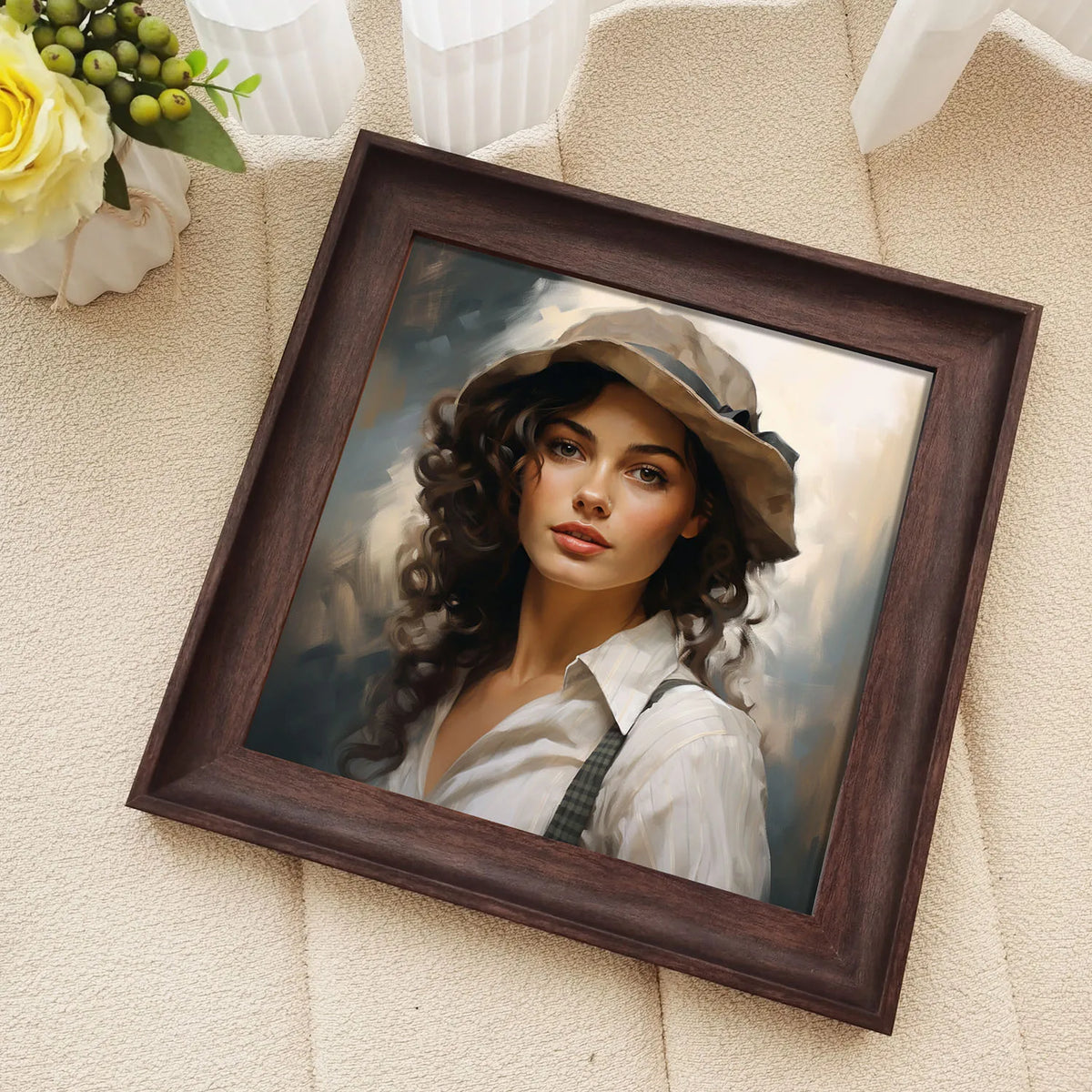 cadre photo bois classique rectangulaire 10x15cm 20x20cm 20x25cm clips métalliques.texture naturelle.image personnage.chapeau chemise blanche